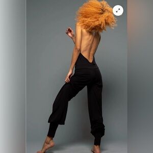 Aria Lattner Black Bamboo Organic Jumpsuit Cuffed Backless Halter USA Made S